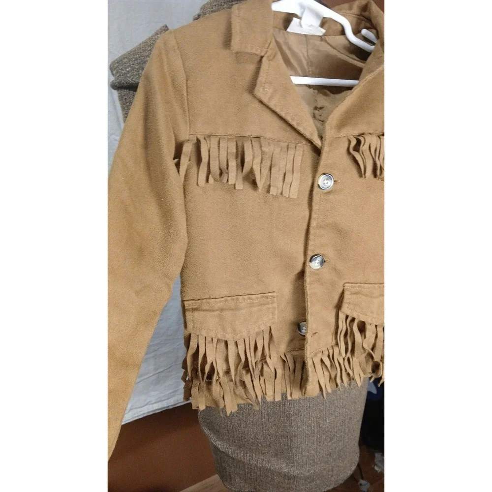 Little Maven Tori Spelling Kids Faux Suede Fringe Western Jacket Tan Brown 5Y